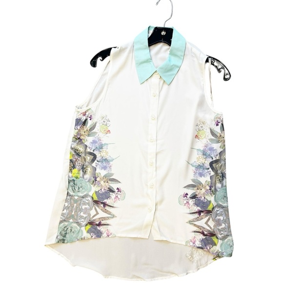 Blu Pepper Watercolor Floral Button Down Tank Top Blouse Womens Medium - Picture 1 of 5